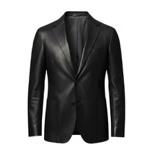 Men's Black Genuine Leather Blazer Coat Classic 2 Button Formal Casual Jacket