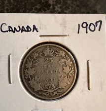 King Edward VII Canadian 1907 25 Cent Silver Coin  Fine Condition
