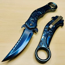 9” CSGO Blue Dragon Karambit Spring Assisted Open Blade Folding Pocket Knife