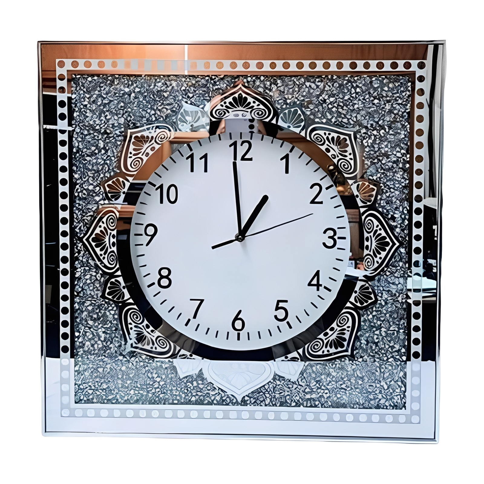 19"H Silver and Mirrored, Glittery Mandala Square Wall Clock