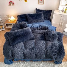 Faux Fur Plush Comforter Sets - Ultra Soft Shaggy Flannel King Navy Blue
