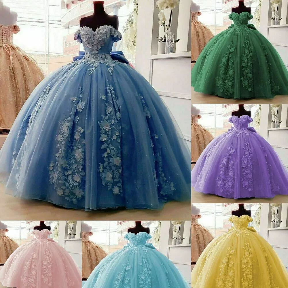 Quinceanera Dresses 3D Floral Applique Off Shoulder Sweet 16 Gowns With Big Bow