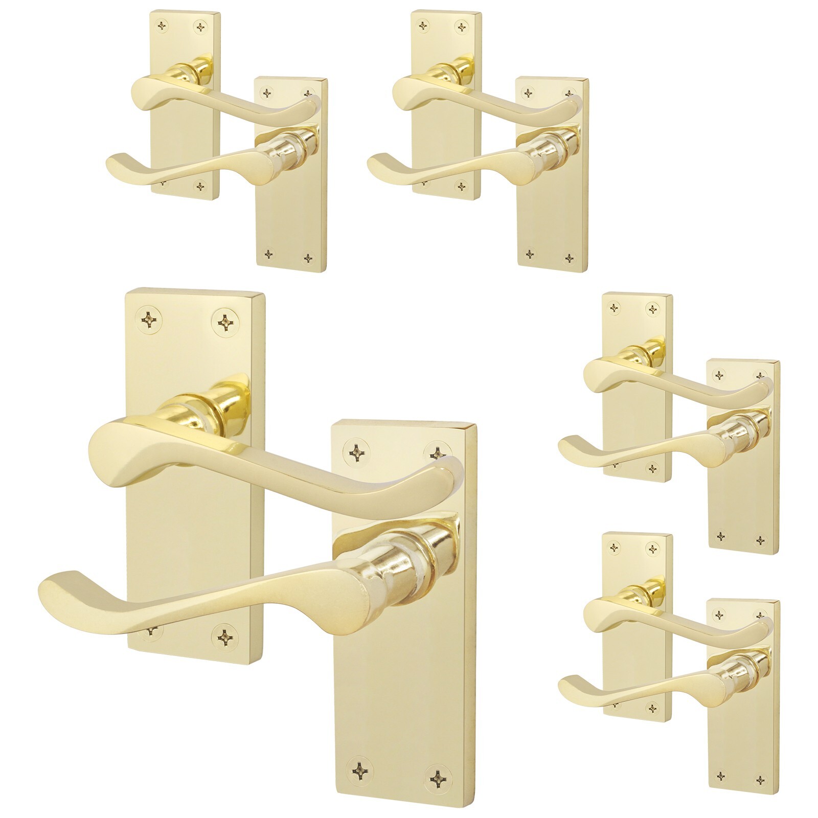 Polished Brass Victorian Scroll Door Handles, 5 Pairs Internal Latch Handles