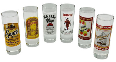 Shot Glasses Liquor Branded Stoli Beefeater Malibu Sauza Kahlua Lot of 6 Tall