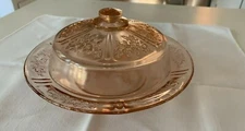 FEDERAL GLASS SHARON PINK CABBAGE ROSE COVERED ROUND BUTTER DISH DEPRESSION 