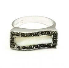  SIZES 6,8 MOTHER OF PEARL Curve Stone RING w/ Marcasite .925 STERLING SILVER