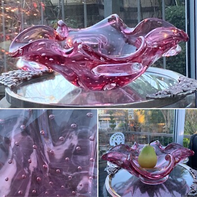  V SELTEN 13'' MURANO BARBINI BULLICANTE RUBIN HERZSTÜCK SCHALE SCHALE GLASKLEE 