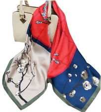 100% Silk 34“ large Square Scarf Women Shawl Wrap floral blue red gray HD74-6