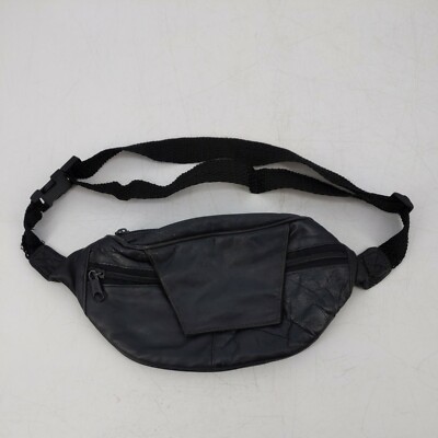 Vintage Black 100% Leather Travel Purse Fanny Pack Bum Bag Festival Boho Hippie