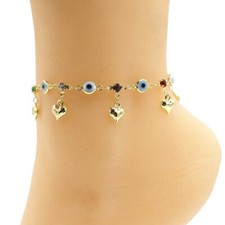 18k Layered Real Gold Filled Anklet Bracelet Evil Eyes Hearts 10"