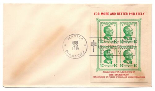 1949 PHILIPPINES Republic Advertising Cachet FDC 1¢ Green Quezon Mini Sheet  - Picture 1 of 2