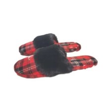 Victoria  s Secret Slippers wonen Size Med Red Plaid Black Faux Fur