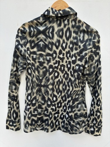 Escada Top 34 Gray Black Leopard Print Shirt Collared V Neck Blouse - Picture 3 of 6
