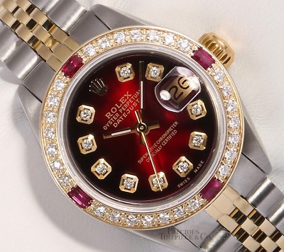 Rolex Lady Datejust 26mm 2 Tone 18k Ruby Diamond Bezel-Red Vignette Diamond Dial