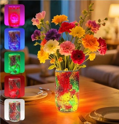Mosaik Glas Vase Tischlampe Wiederaufladbar LED Nachttischlampe 5 Farben + Fade Neu