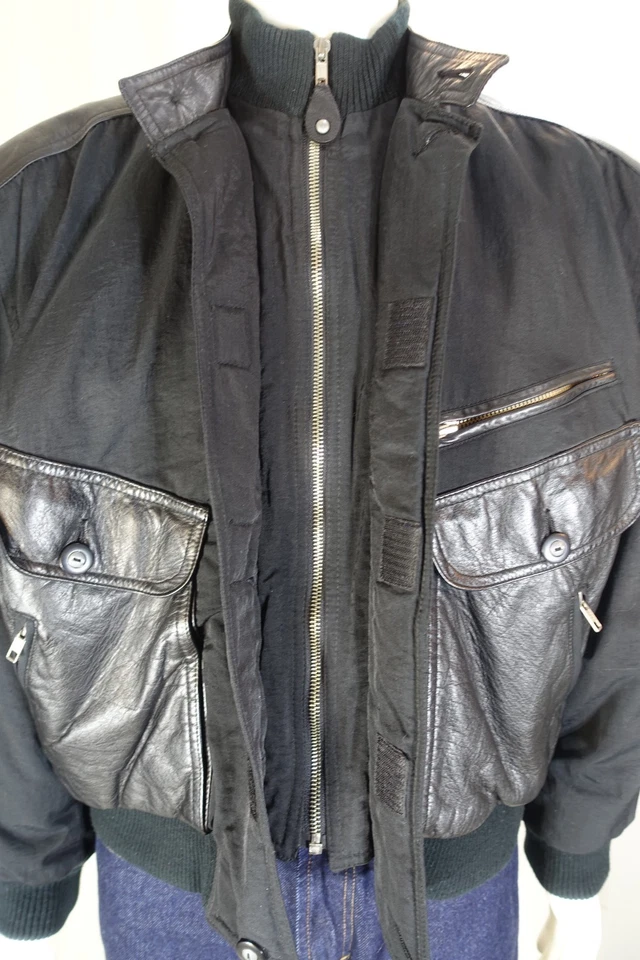 LIZ WEAR~MINT!!~VINTAGE BLACK LEATHER & NYLON MENS M 1990'S BOMBER JACKET - Image 4 of 4