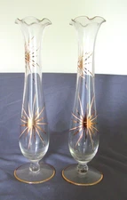 2 Vintage Viking Glass clear w/ gold starburst 10" Bud Vase