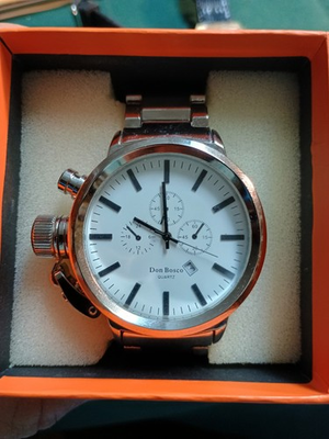 #ad Don Bosco Quartz Chronograph Date Analog White Dial Silver Bracelet w Box $12.95
