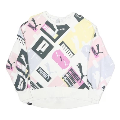 PUMA Blanc Femmes & Pastel Logo Imprimé Col Rond Sweat XS Décontracté de Sport - Photo 1/4