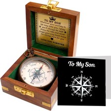 to My Son Engraved Brass Compass with Wooden Box   Inspirational Gift