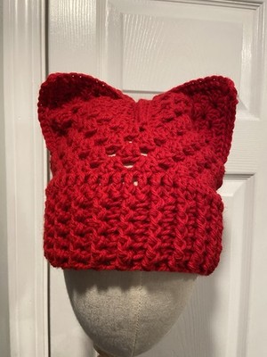 Handmade Crochet Cat Animal Ear Beanie Hat Cozy Ribbed Brim Stretch Winter Hat