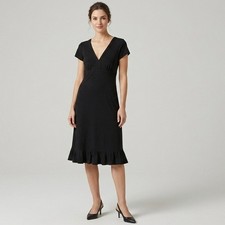 Loft Black V-Neck Empire Waist Ruffle Hem Midi Dress Size 6