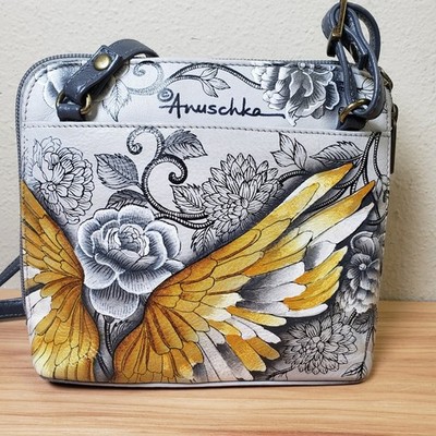 Anuschka Hand Painted Leather Crossbody Bag Gardian Angel Wing Print Art To Wear