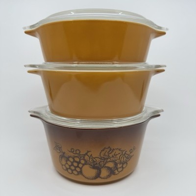 Vintage Pyrex Set of 3 Old Orchard Round Casserole Dishes 471, 472, 473 w/ Lids