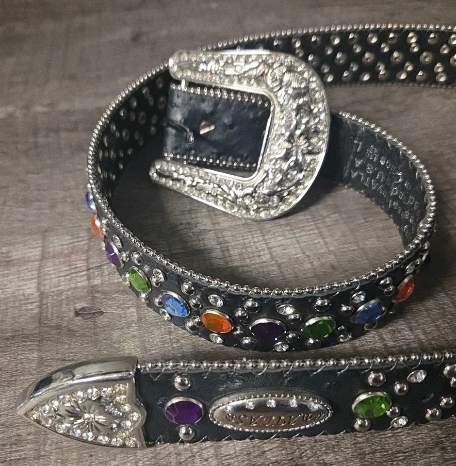 Cinturón Atlas Negro Avestruz Western Show Colorido Estrás Bling Grande 44" 1.5" Foto 3 de 4