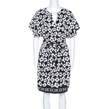 CH Carolina Herrera Navy Blue Floral Print Silk and Linen Blend Dress M