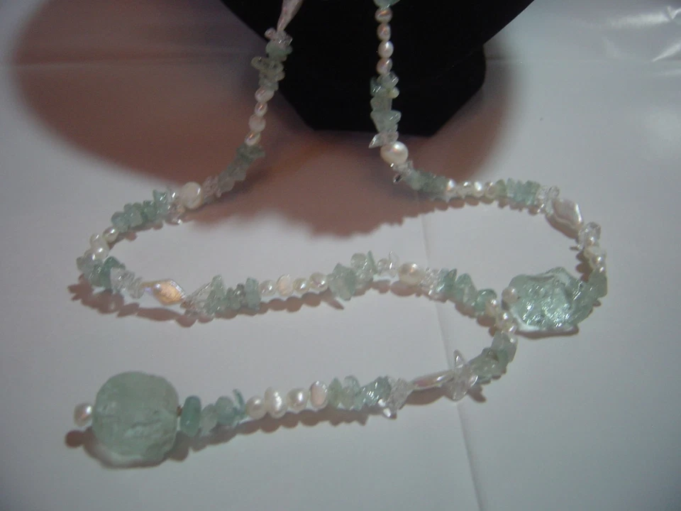 Поделиться винтажный подлинный большой аквамарин и редкий жемчуг ожерелье-46» без застежки» exqui - Изображение 2 из 4