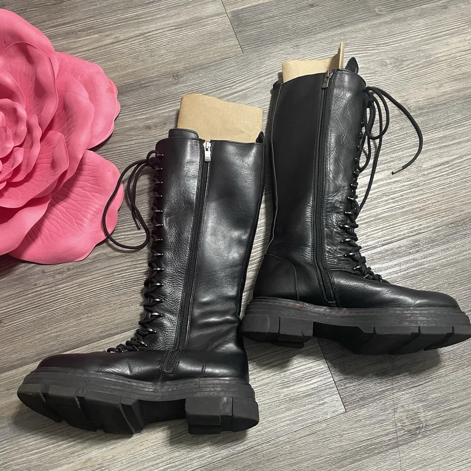 KURT GEIGER London Bird Knee Lace Up Boot Sz 6 EU 36 Black Combat Lug Sole Biker - Image 3 of 4