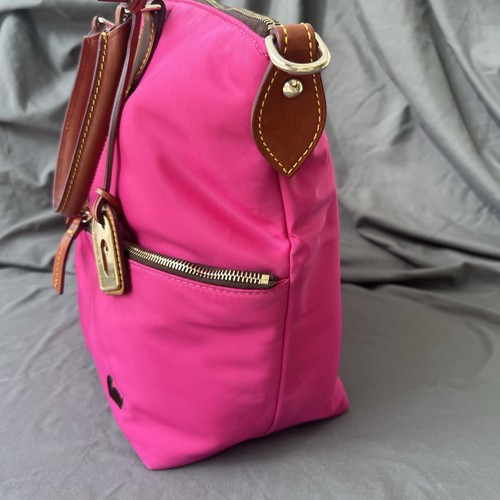 Dooney & Bourke Large FUCHSIA Nylon DILLEN Double Pocket Satchel British Tan EUC - Picture 7 of 21