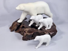 Polar Bear & 3 Cubs Sculpture John Perry  Burlwood Wood Slab Bear Family
