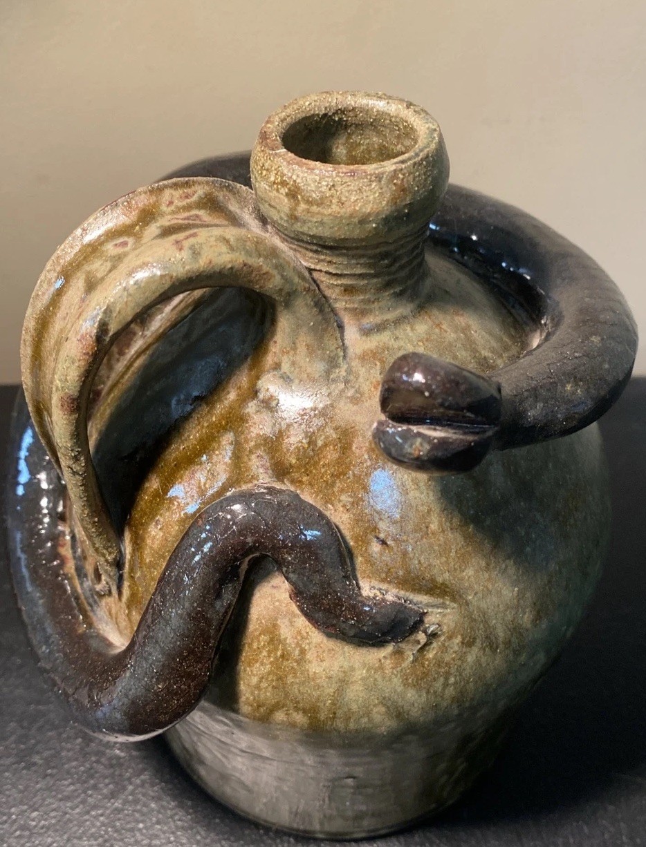 VTG Folk Art Primitive Creepy Flask Pottery Snake Jug Brown Glaze Marvin Bailey