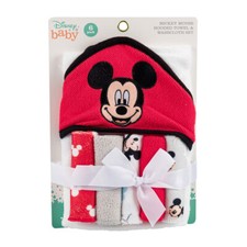 DISNEY MICKEY MOUSE Baby Infant 6 PC Hooded Towel w Washcloth Gift Set Red White