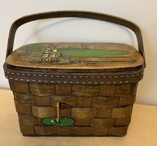 Vintage Signed CARO NAN Basket Purse GOLF Wooden Woven Lined