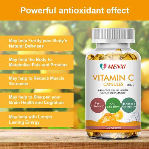 Cápsulas de vitamina C 1000 mg salud inmune antienvejecimiento tapas de piel para adultos, sin OGM - Imagen 8 de 11