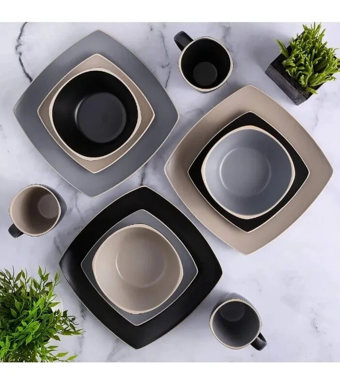 16 Pc Square Stoneware Dinnerware Set Plates Bowls Mugs Gibson Soho Lounge Taupe - Image 4 of 4