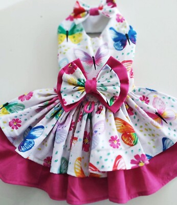 DOG HARNESS DRESS WITH MATCHING HAIR BOW  BUTTERFLY  NEW HANDMADE FREE SHIPPING