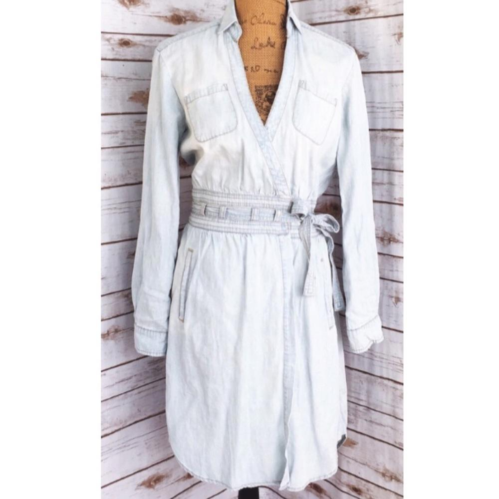 white christmas dresses Jasmine Mid Wash Denim Wrap Front Mini Dress - US 4