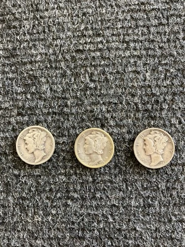 Lot Of 3 Mercury Dimes 1936-S, 1938-S, 1940-S