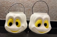 (2) Vtg General Foam Plastic Ghost Blow Mold Halloween Candy Pail Trick or Treat