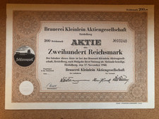 Akcje historyczne 1942 browar Kleinlein Heidelberg - 200 RM - dekoracja źródła zamku
