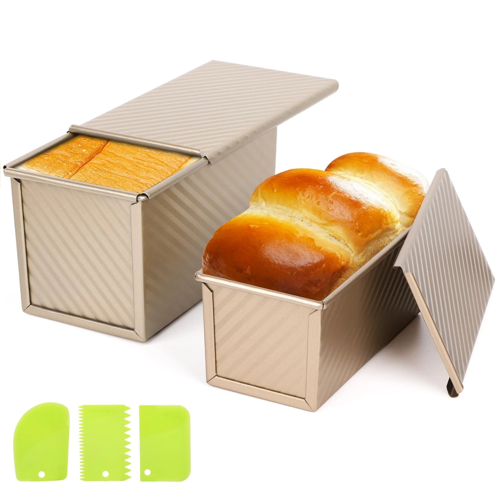 Loaf Pan 2 Pack Non-Stick Carbon Steel with Lid Dough Scraper 1 lb & 0.5 lb Gold