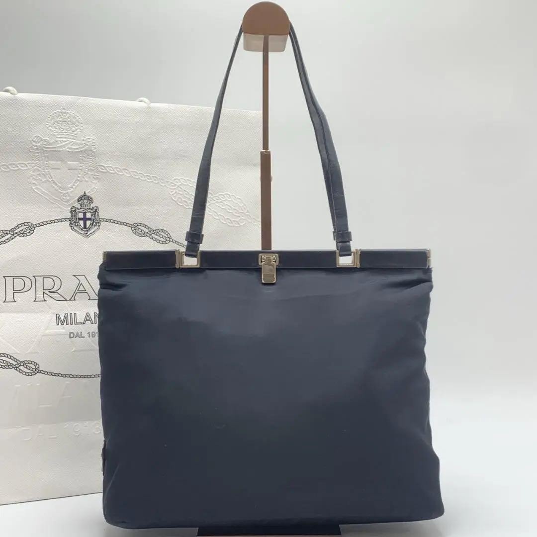 Prada Nylon Tote Handbag Shoulder Bag Dark Navy Leather Used