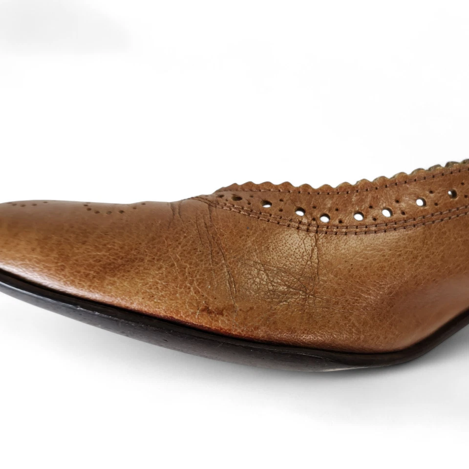 复古 Pappagallo 棕色皮革布洛克高跟鞋 9N 中跟鞋 复古鞋 意大利 — 第 3/4 张图片