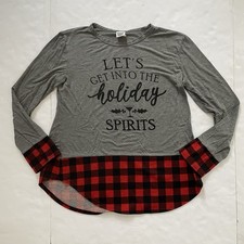 Color Bear Holiday Spirits Gray Red Plaid Top Size M Made In USA EUC