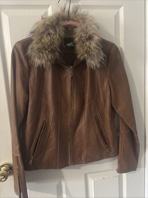 Light Brown Leather Jacket with Removable Fur Collar ANA Brand Women's Size M
