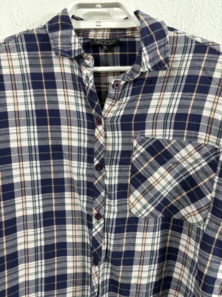 Camisa Topshop Mujer 2 Azul Franela a Cuadros Botones Manga Larga Bolsillo Algodón Foto 2 de 4